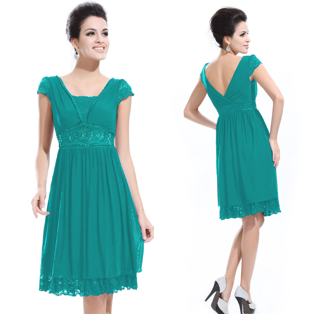 Sexy Sequin Cap Sleeve Green Empire Waist Lace Hem Prom Dress 02891GR eBay
