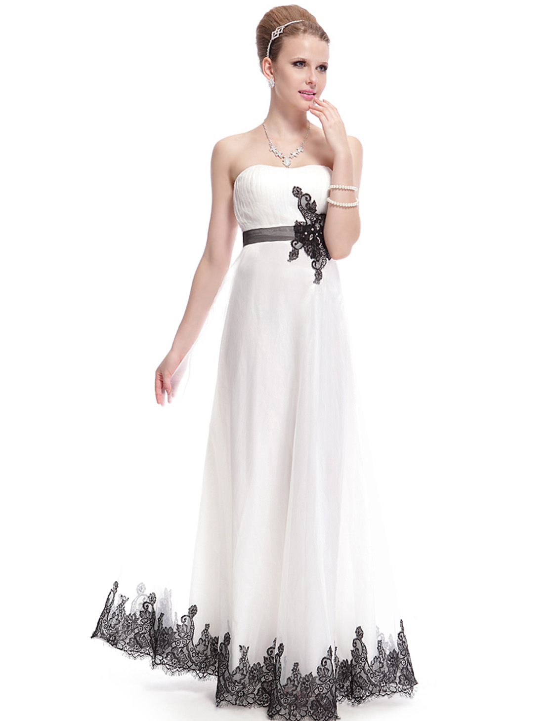 white gown with black lace