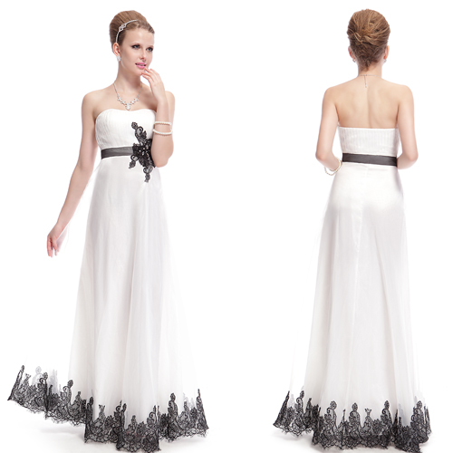 Elegant Strapless Black Lace Applique White Long Formal Evening Prom Dress 08039 - Picture 2 of 2