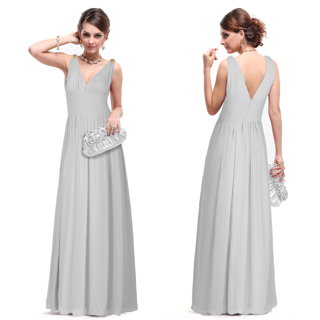 Super Sexy Grays Chiffon Crystal V Neck Long Bridesmaid Dress 09016 US