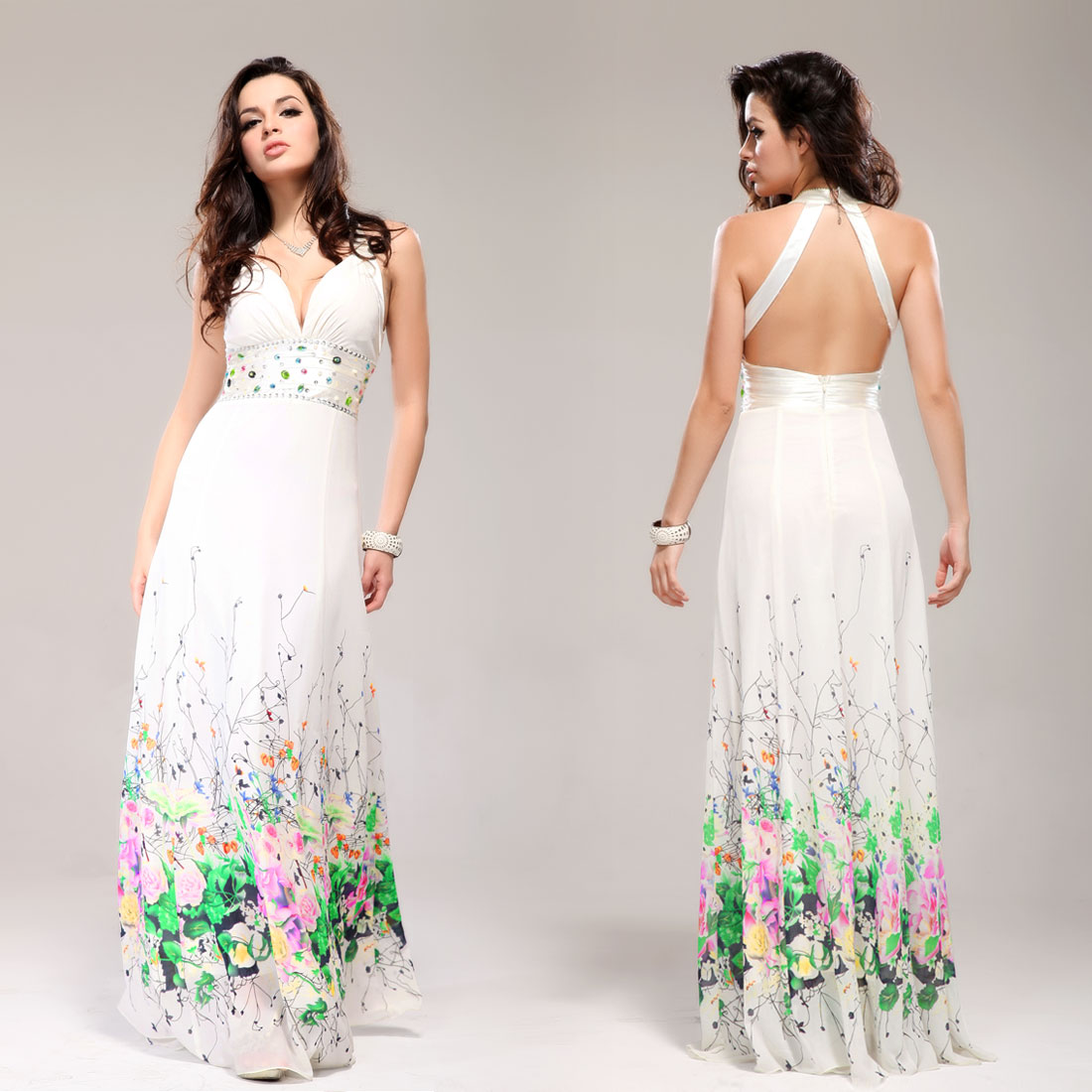 Floral Printed Charming Bridal Open Back Rhinestone Fashion Gowns 