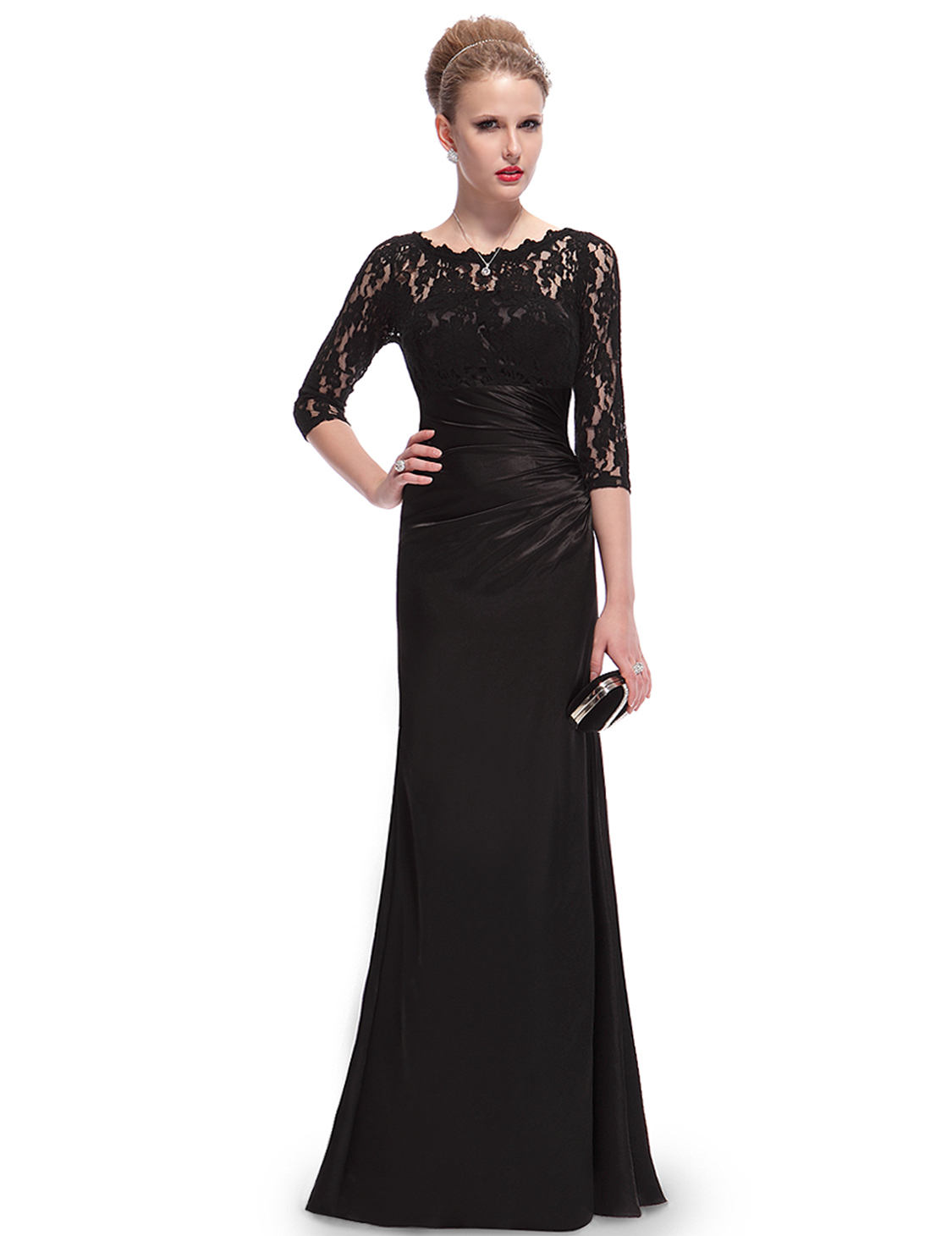 Elegant 3/4 Sleeve Lace Long Black Womens Evening Party Dress 09882 UK