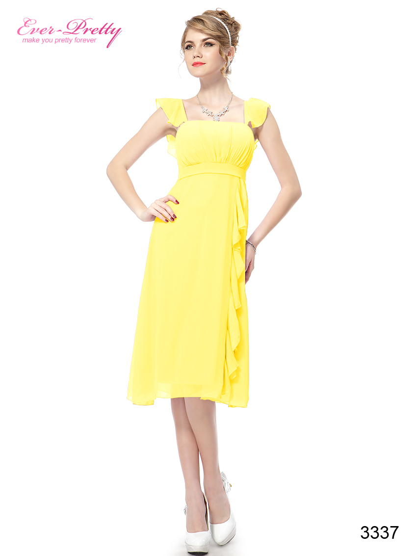 Falbala Yellow Ruffles Calf length Empire Line Bridesmaid Dress 03337 