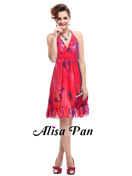   Chiffon V neck Halter Printed Pinks Club Dress 03357 Size 3XL  