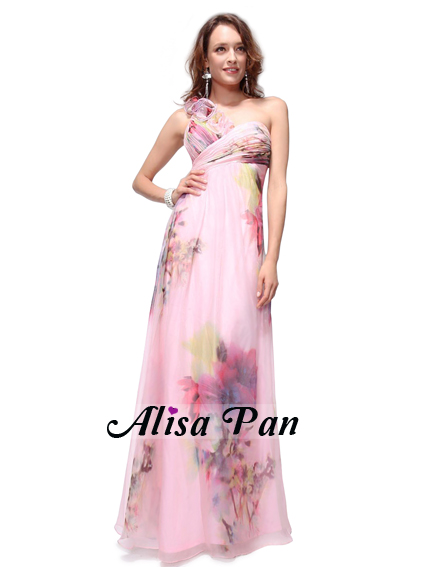 One Shoulder Print Ruffles Flower Chiffon Long Prom Gown 09585 
