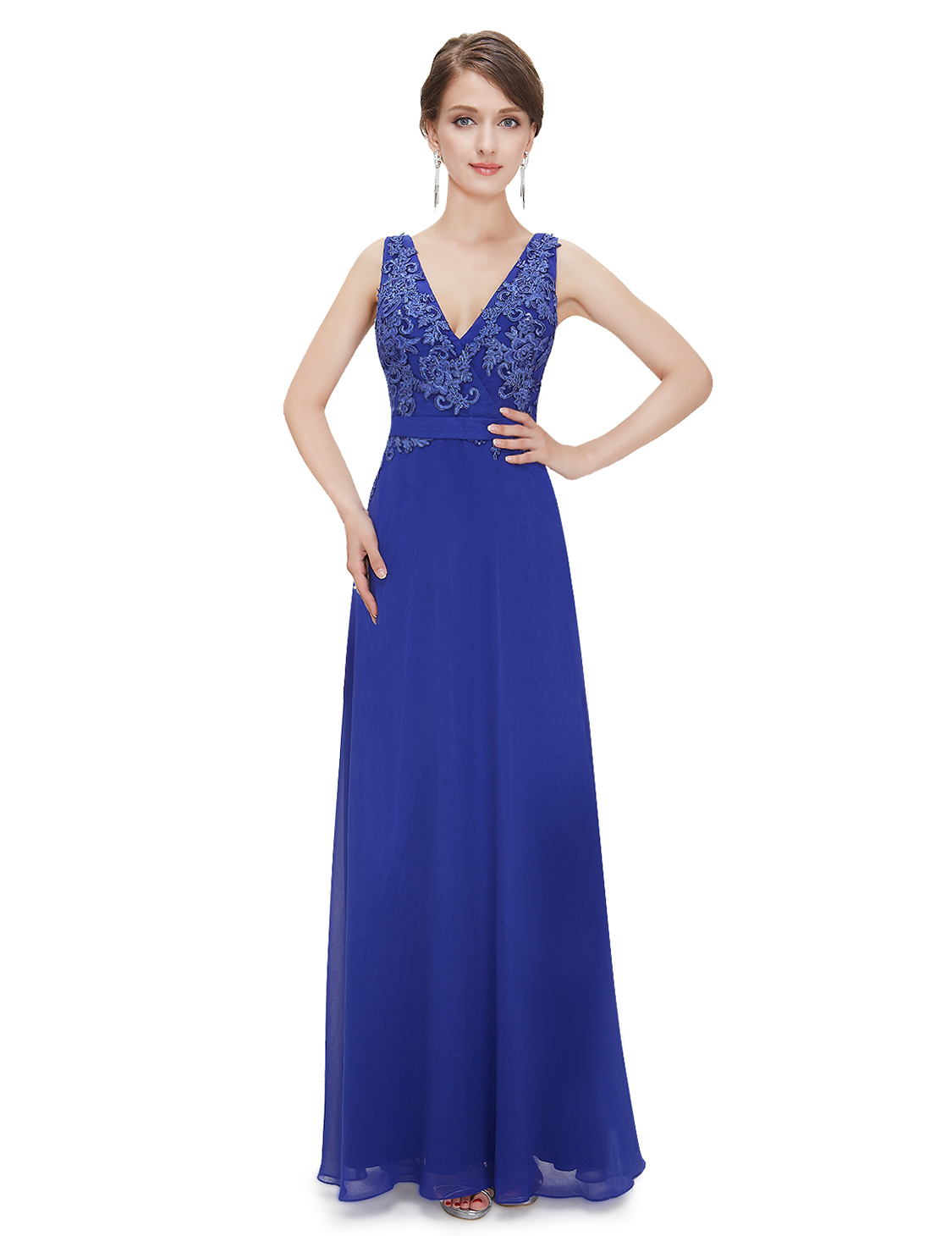 2014 New Evening Dresses Sapphire Blue V-neck Long Maxi Chiffon Prom ...