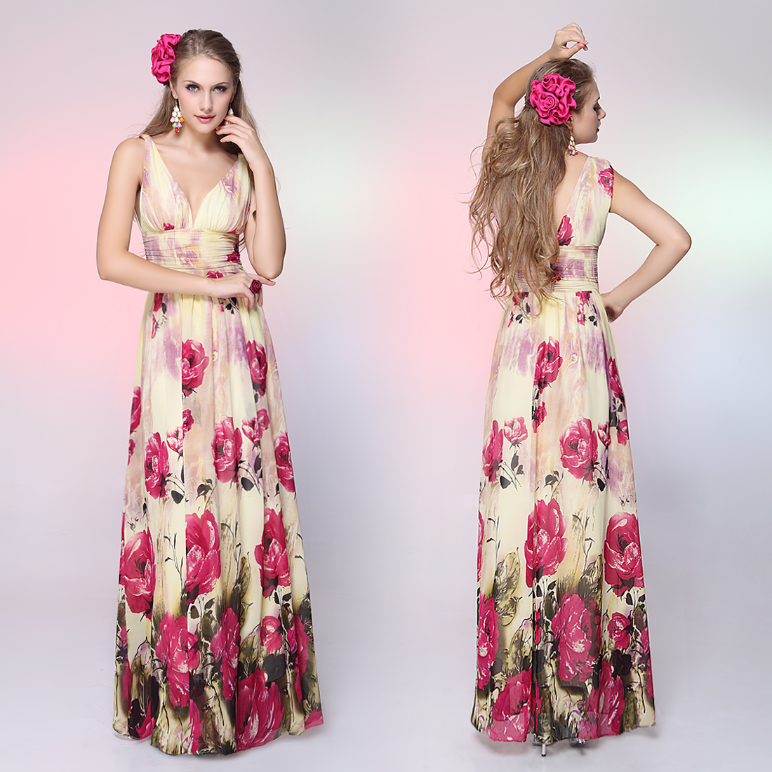 Double V neck Chiffon Printed Prom Dress 09638HP  