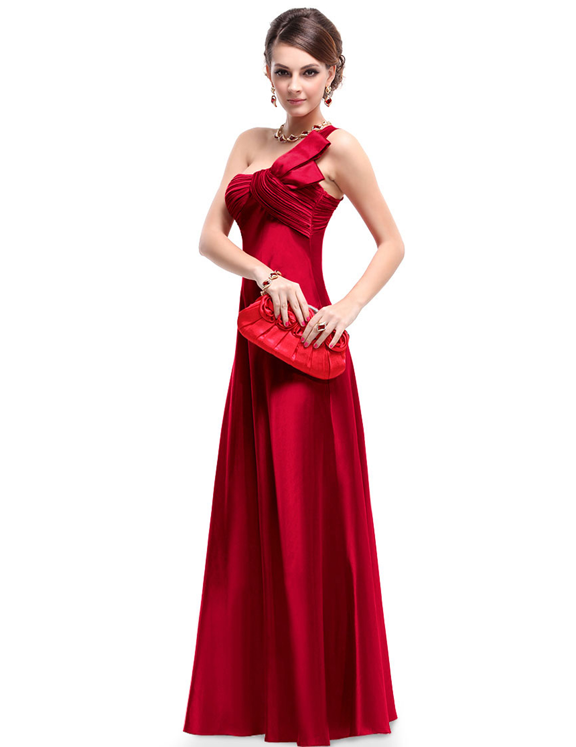 One Shoulder Ruching Padded Open Back Red Satin Wedding Dress 09667RD 