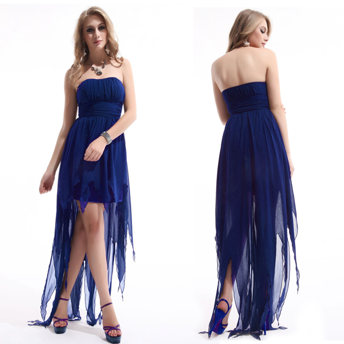 Asymmetric Hem Blue Ruffes Strapless High Low Prom Dress 09684 AU Size 