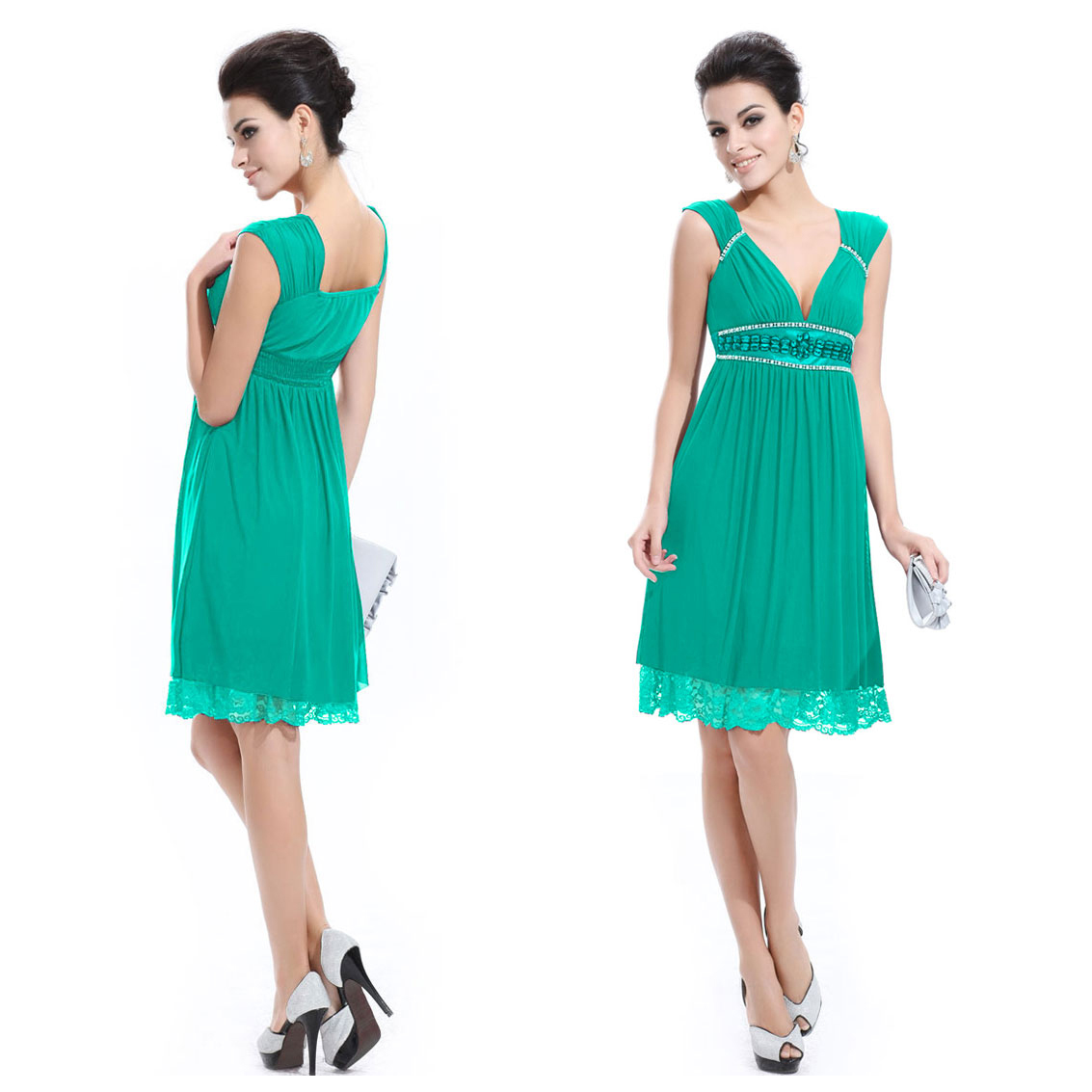 Neck Stunning Rhinestones Greens Cap Sleeve Casual Dresses 28107GR 