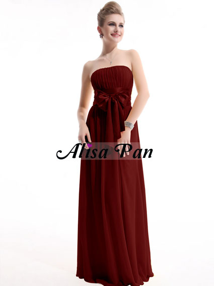 Burgundy Chiffon Strapless Long Bowtie Bridesmaid Dress 09060 US Size 