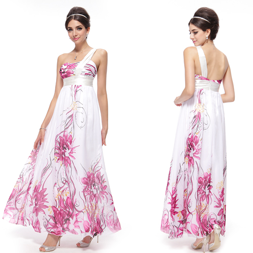 Women Purple Flower Printed One Shoulder Long Bridesmaid Gowns 09263 