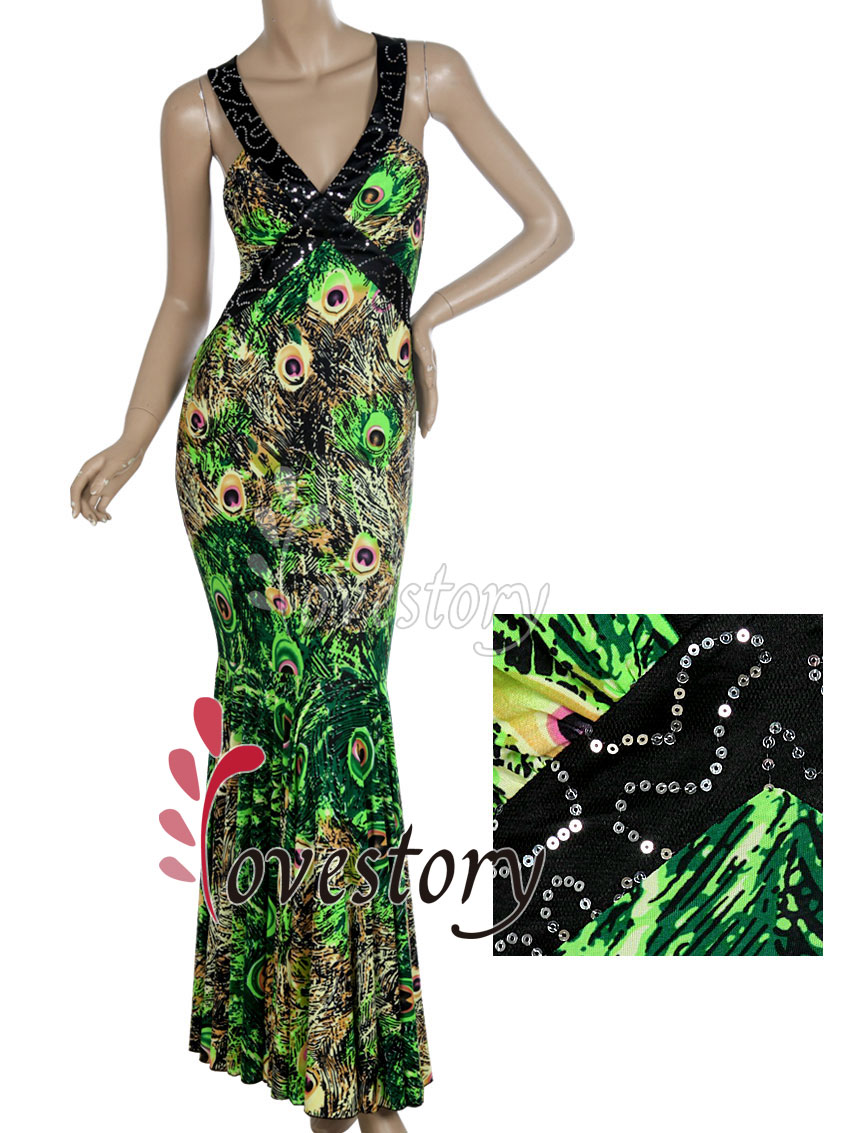 Sexy Backless V Neck Fishtail Peacock Printing Evening Gown 09398 US 