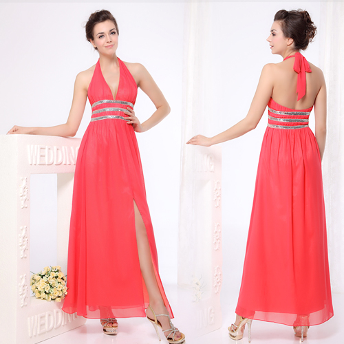 Plunge V neck Pink Open Back Halter Sequins Padded Prom Dress 09581 US 