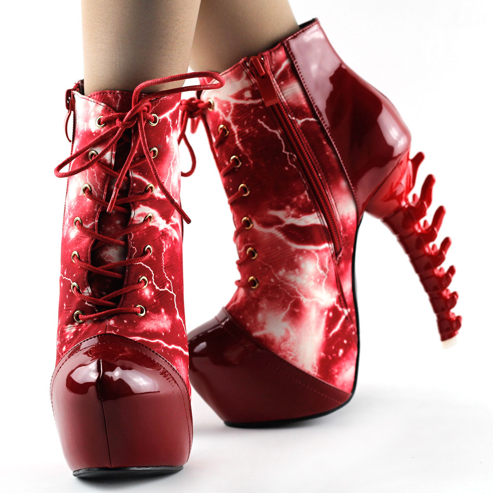 Cool Thunder & Lightning Print Lace-Up Bone Heel Ankle Boots Sz 4/5/6/7 ...